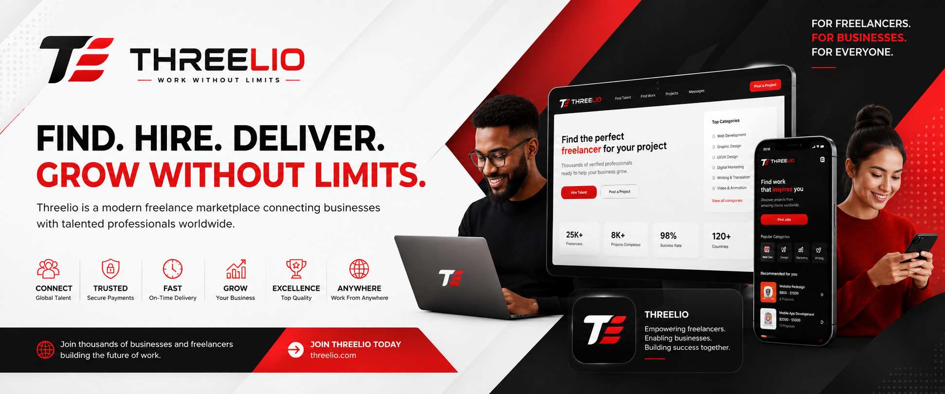 Threelio — Find. Hire. Deliver. Grow without limits. A modern freelance marketplace connecting businesses with talented professionals worldwide.
